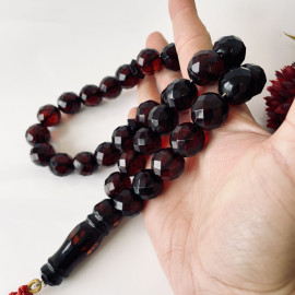 Faceted Handmade Baltic Amber Tespih Cherry Color Misbaha, Handmade Diamond Cut Baltic Amber Rosary