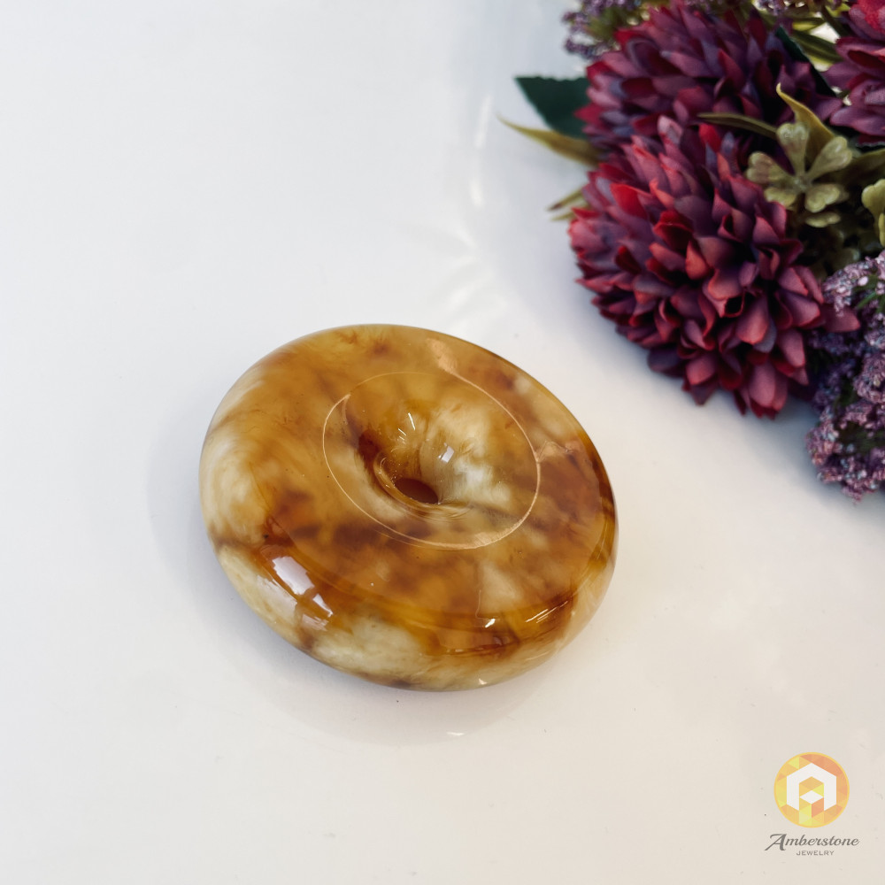 Yellow Baltic Amber Donut Pendant, Natural Amber Circle Necklace Charm