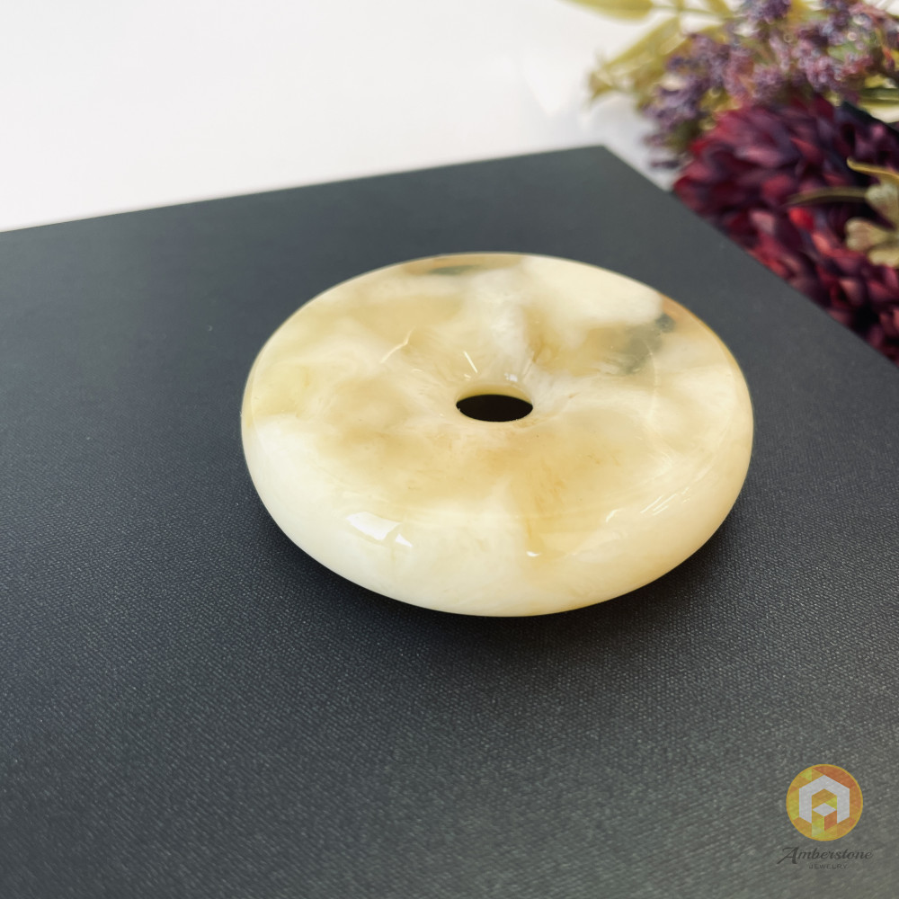 Yellow and White Baltic Amber Donut Pendant, Natural Amber Circle Necklace Charm