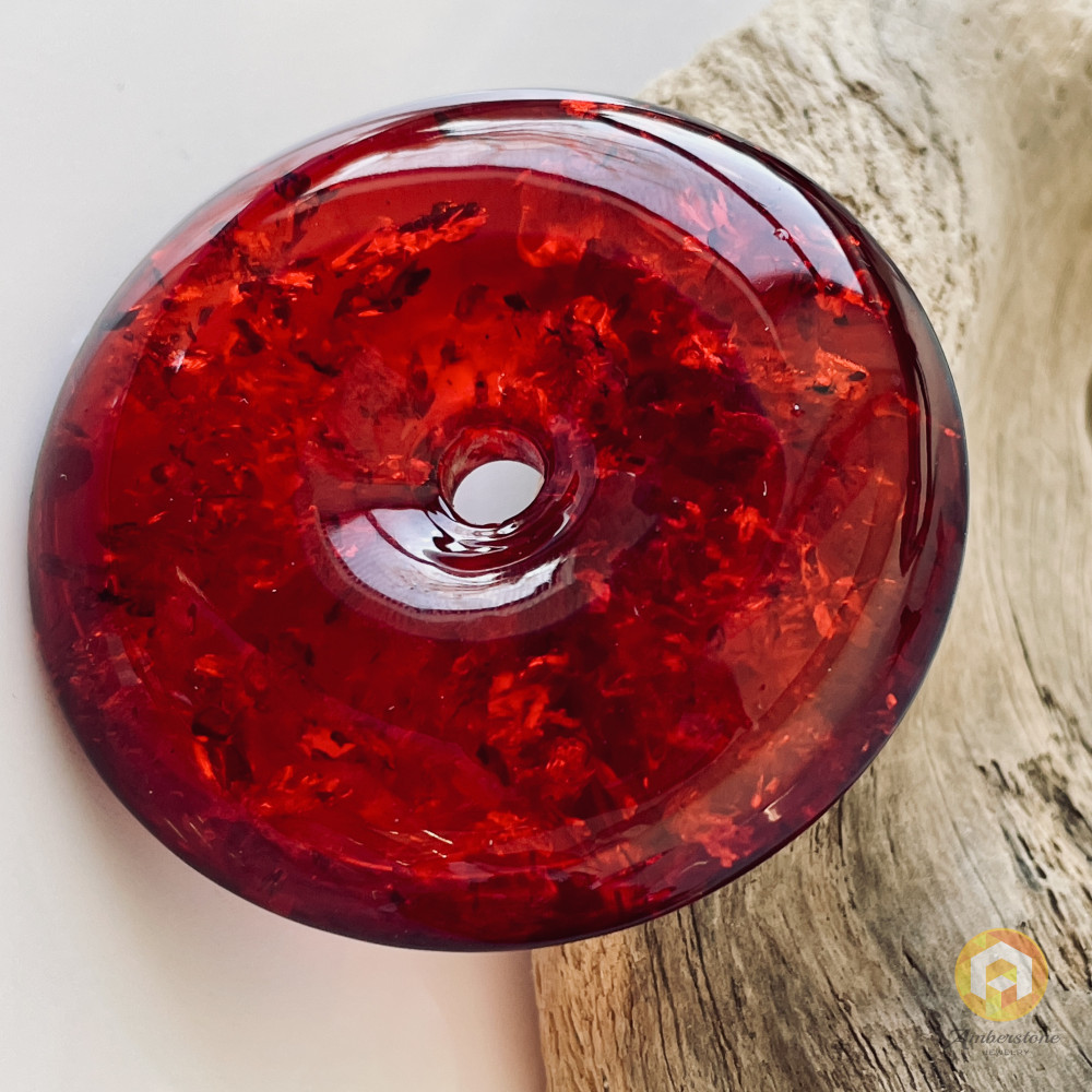 Red Amber Donut Pendant, Natural Amber Circle Necklace Charm