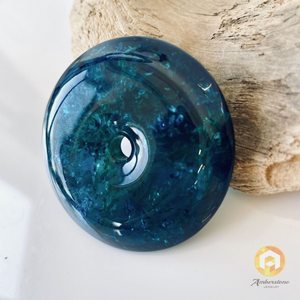 Blue Amber Donut Pendant, Natural Amber Circle Necklace Charm