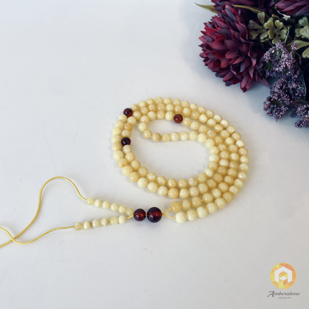 Small White Amber Buddhist Prayer, Natural Baltic Amber Mala Beads