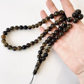 Green Black Amber Islamic Prayer Beads, 11 mm beads  flower Misbaha