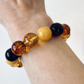 Multicolor Baltic Amber Bracelet – Colorful Natural Amber Beads 14 mm Handmade in Poland