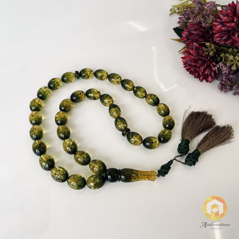 Natural Amber Tasbih, 33 Beads Olive Shape Subha
