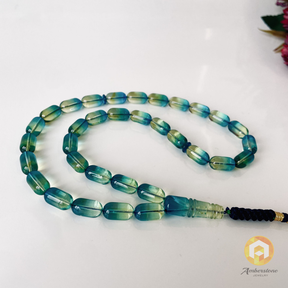 NEW Unusual Amber Prayer Beads in Blue-Yellow Color, 33 Beads for Daily Dhikr