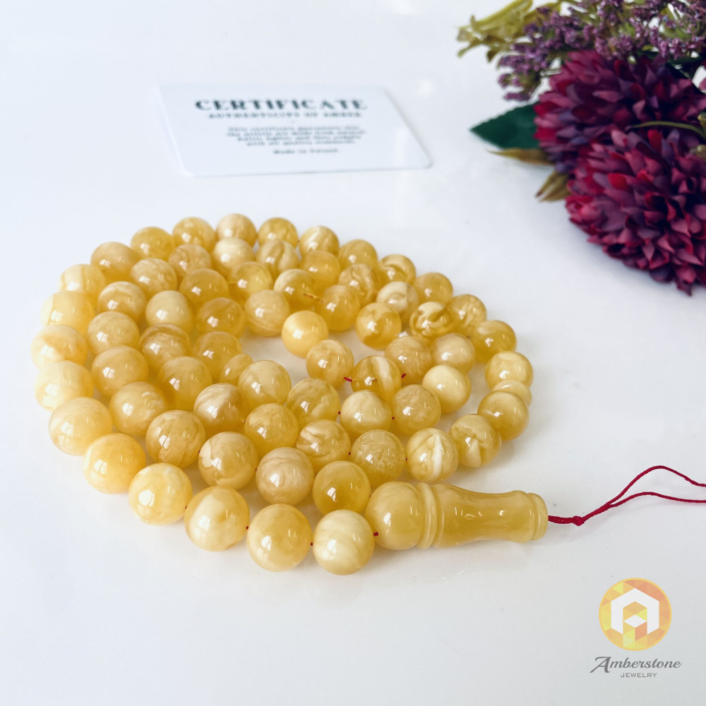 66 Round Beads Natural Amber Tasbih, Yellow Baltic Amber Misbaha