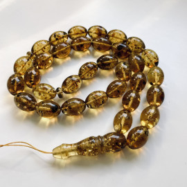 33 Amber Beads with Insects, Green Tasbih made of Baltic Amber