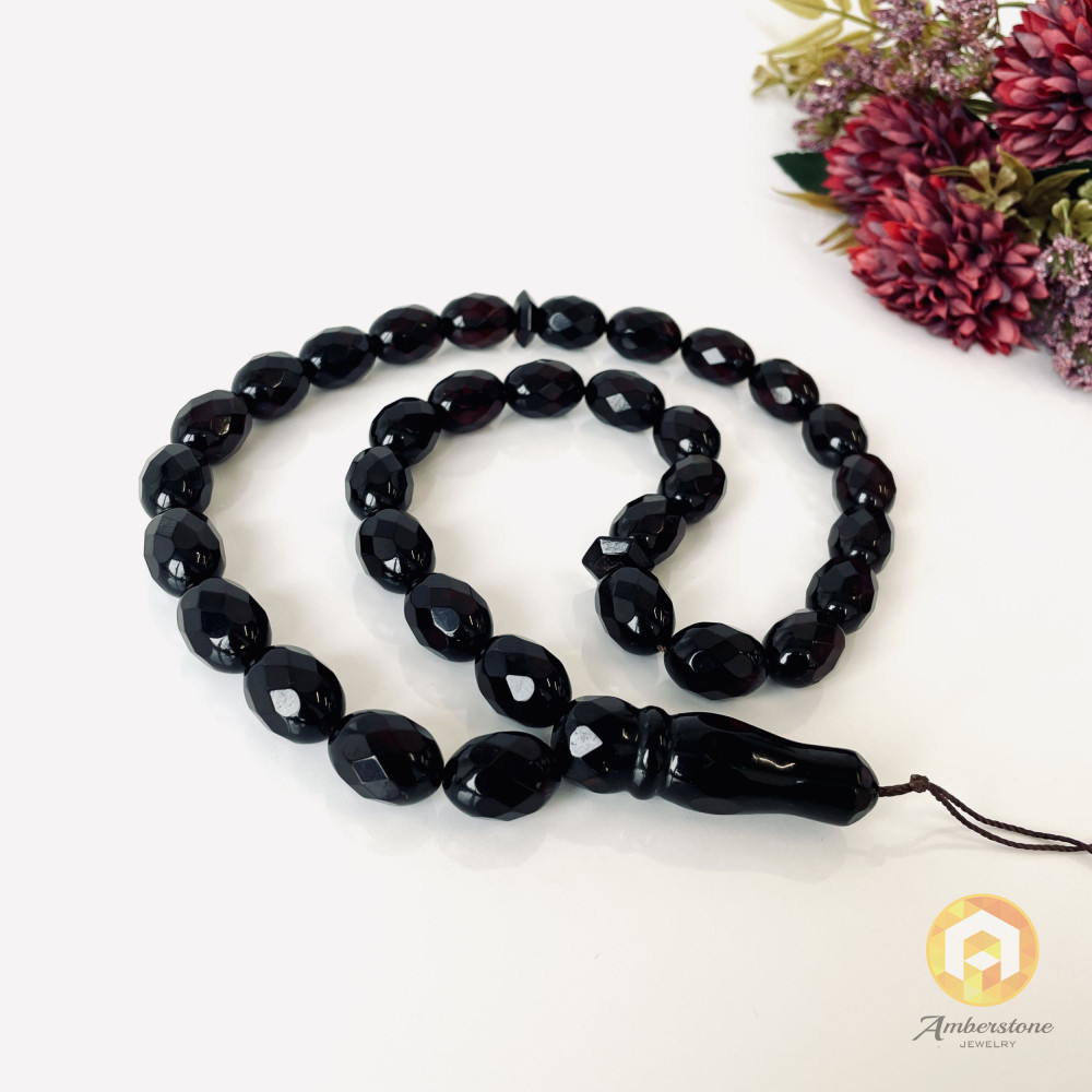 Faceted Handmade Baltic Amber Olice Beads, Cherry Color Tespih, Handmade Diamond Cut