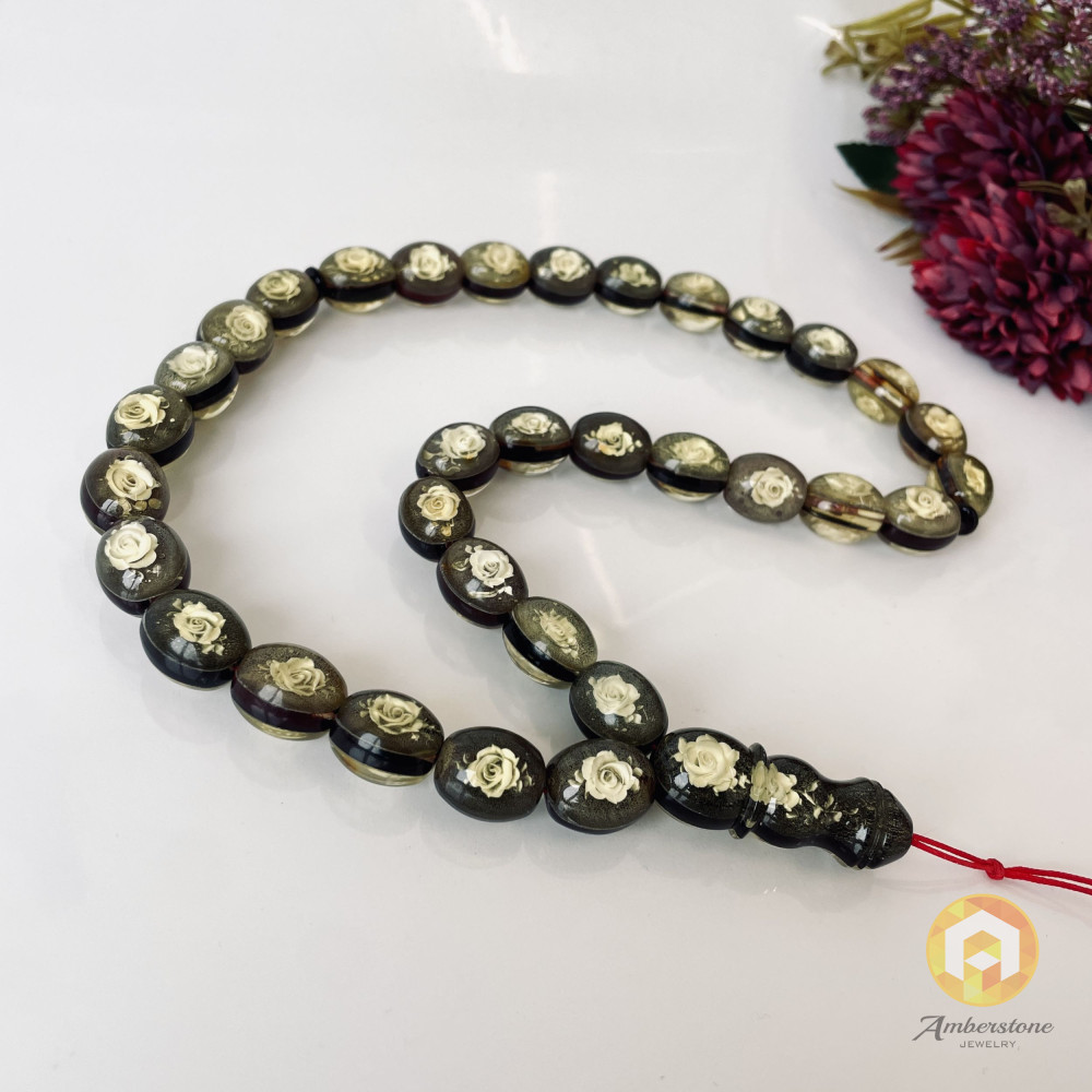 Hand Carved Rose Baltic Amber Tespih, 33 Beads Yellow Luxury Misbaha