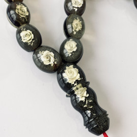 Hand Carved Rose Baltic Amber Tespih, 33 Beads Yellow Luxury Misbaha