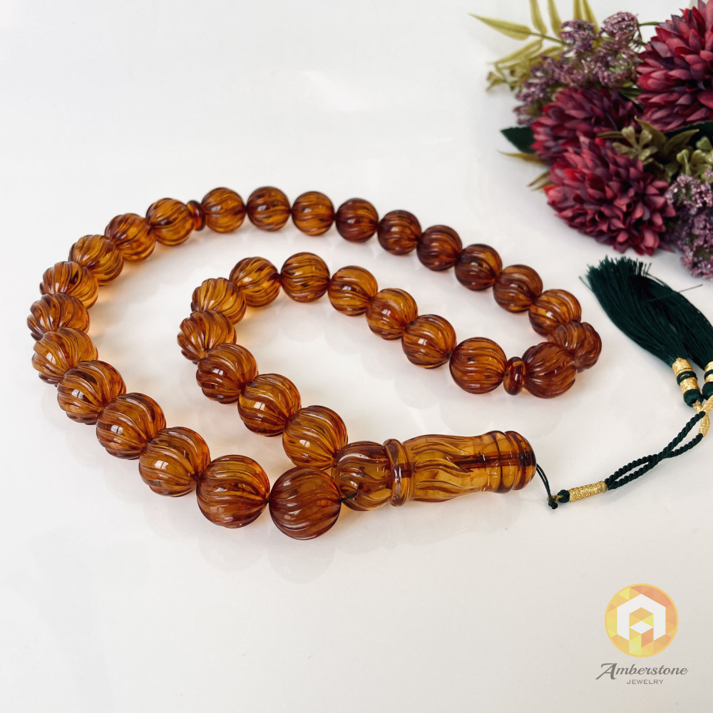 Baltic Amber Misbaha, Hand-Carved Natural Cognac Amber Round Beads