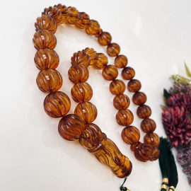Baltic Amber Misbaha, Hand-Carved Natural Cognac Amber Round Beads