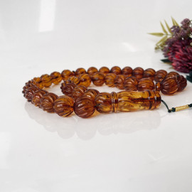 Baltic Amber Misbaha, Hand-Carved Natural Cognac Amber Round Beads