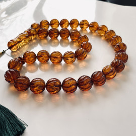 Baltic Amber Misbaha, Hand-Carved Natural Cognac Amber Round Beads