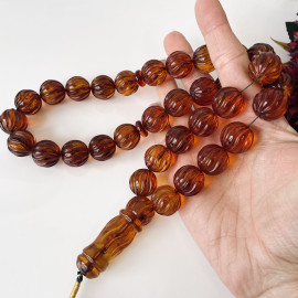 Baltic Amber Misbaha, Hand-Carved Natural Cognac Amber Round Beads