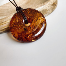 Baltic Amber Donut Pendant, Cognac Natural Amber Circle Necklace with Inclusions