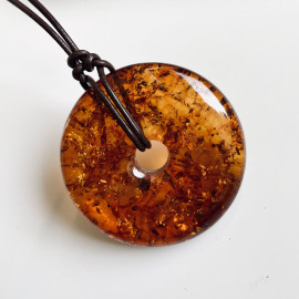 NEW Baltic Amber Donut Pendant, Cognac Natural Amber Circle Necklace with Inclusions