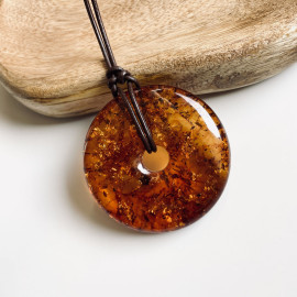 NEW Baltic Amber Donut Pendant, Cognac Natural Amber Circle Necklace with Inclusions
