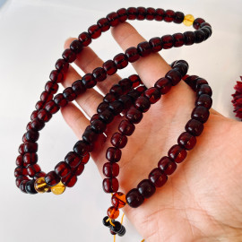 Red Cherry Amber Beads, Natural Baltic Amber Buddhist Mala, Handmade in Poland