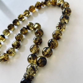 33 Round Amber Beads with Insects, Green Tasbih made of Baltic Amber