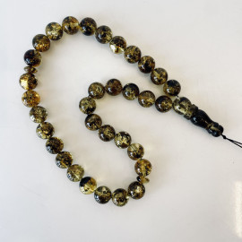 33 Round Amber Beads with Insects, Green Tasbih made of Baltic Amber