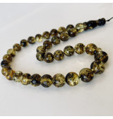 33 Round Amber Beads with Insects, Green Tasbih made of Baltic Amber