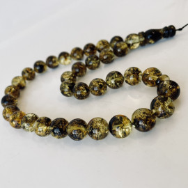 33 Round Amber Beads with Insects, Green Tasbih made of Baltic Amber
