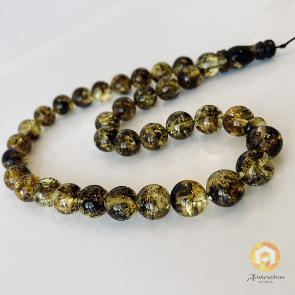 33 Round Amber Beads with Insects, Green Tasbih made of Baltic Amber