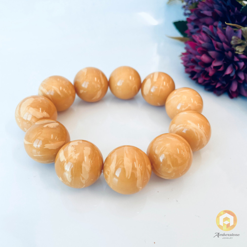 White Amber Round Beads Bracelet, Tiger Amber Beads