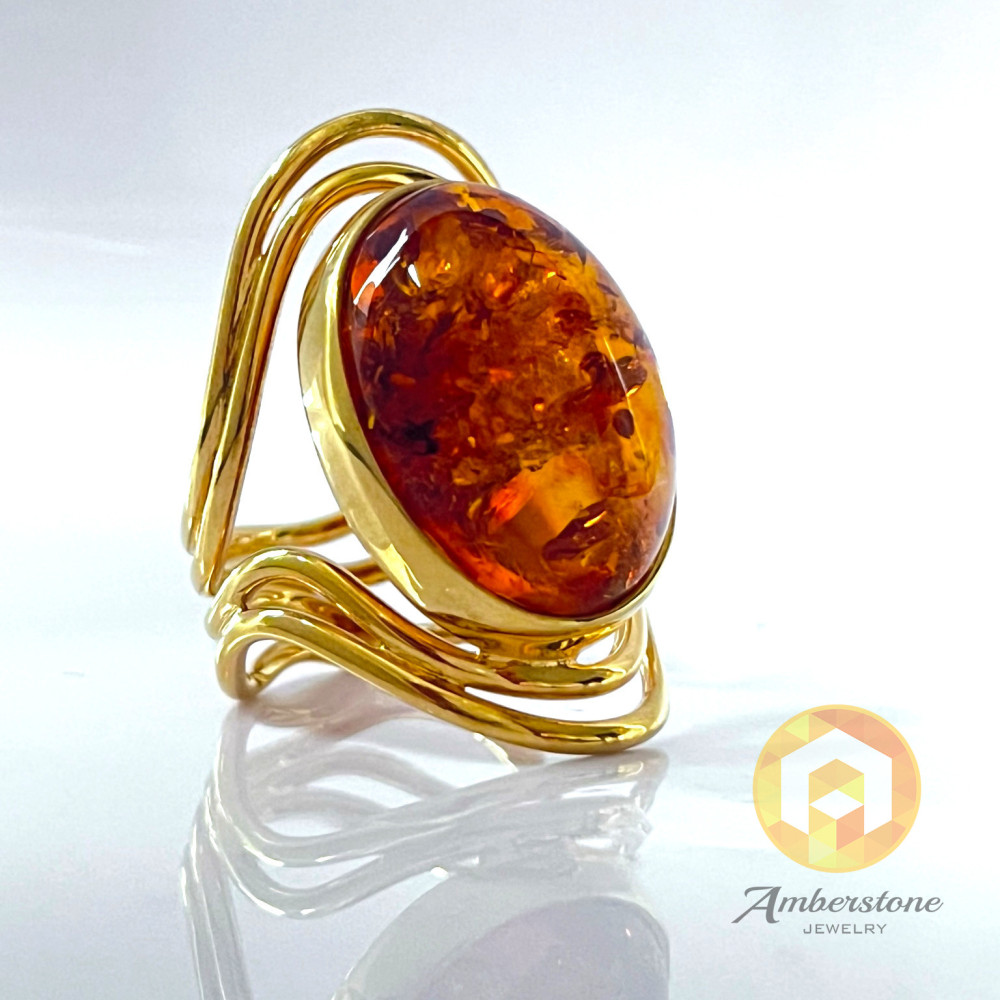 Amber Ring, Orange Gold Cognac Baltic Amber, Gold surrounds