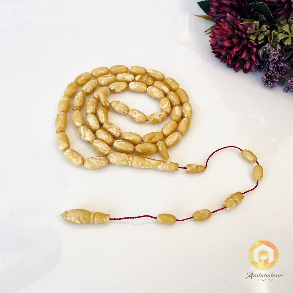 Tiger Baltic Amber Misbaha, 45 Beads Yellow & White Natural Amber Tasbih