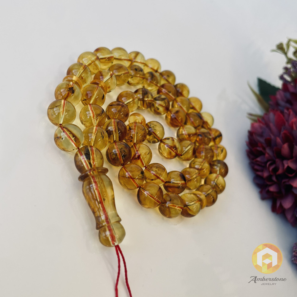 Natural Amber Prayer Beads with Insect Inclusions, Amber Tesbih