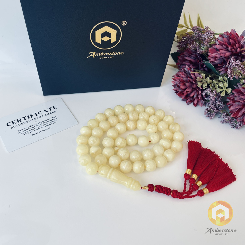 NEW White Baltic Amber Tasbeeh, 51 Beads Collector’s Natural White Amber Misbaha