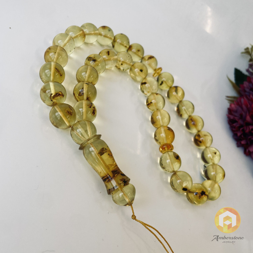Amber Insect Prayer Beads, 33 Beads 14mm Natural Baltic Amber Misbaha