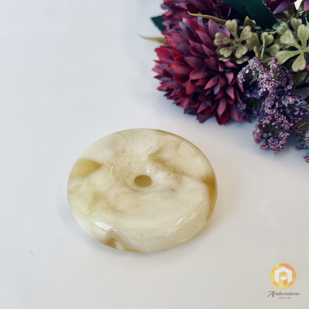 Yellow & White Baltic Amber Donut Pendant, Natural Amber Circle Necklace
