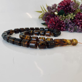 Green Baltic Amber Misbaha, Natural Barrel Beads with Plant Inclusions