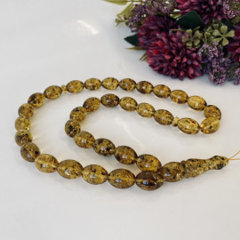 Green Baltic Amber Misbaha, Natural Olive Beads with Plant Inclusions
