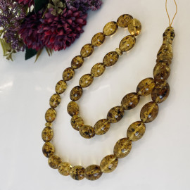 Green Baltic Amber Misbaha, Natural Olive Beads with Plant Inclusions