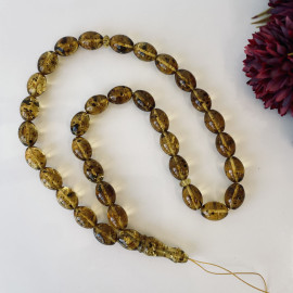 Green Baltic Amber Misbaha, Natural Olive Beads with Plant Inclusions