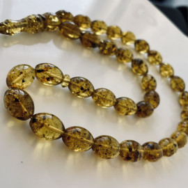 Green Baltic Amber Misbaha, Natural Olive Beads with Plant Inclusions