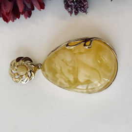 Yellow Baltic Amber Pendant, Natural Amber Gold-Plated 925 Silver Statement Pendant
