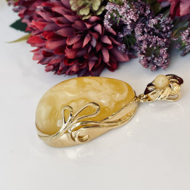 Yellow Baltic Amber Pendant, Natural Amber Gold-Plated 925 Silver Statement Pendant