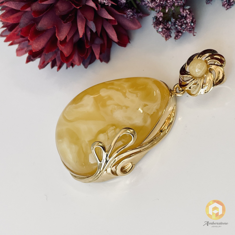 Yellow Baltic Amber Pendant, Natural Amber Gold-Plated 925 Silver Statement Pendant