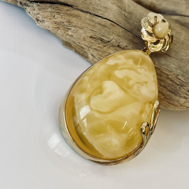 Yellow Baltic Amber Pendant, Natural Amber Gold-Plated 925 Silver Statement Pendant