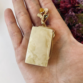 White Baltic Amber Pendant, Rectangular Natural Amber Statement Pendant
