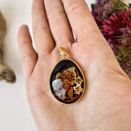 NEW Hand-Carved Baltic Amber Pendant, Pig Engraved Natural Amber in Gold-Plated Silver