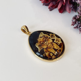 NEW Hand-Carved Baltic Amber Pendant, Pig Engraved Natural Amber in Gold-Plated Silver