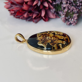 NEW Hand-Carved Baltic Amber Pendant, Pig Engraved Natural Amber in Gold-Plated Silver