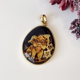 NEW Hand-Carved Baltic Amber Pendant, Pig Engraved Natural Amber in Gold-Plated Silver